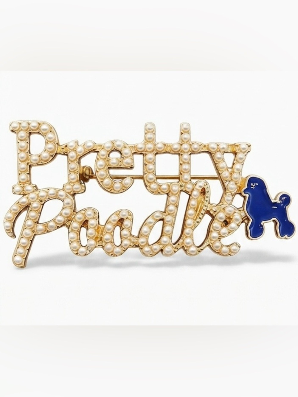 Gold Script Poodle Brooch with Faux White Pearls